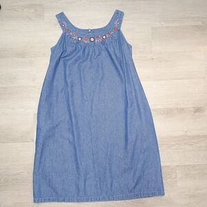 Only Necessities Denim Jumper Overall Modest Dress Embroidery Floral Medium